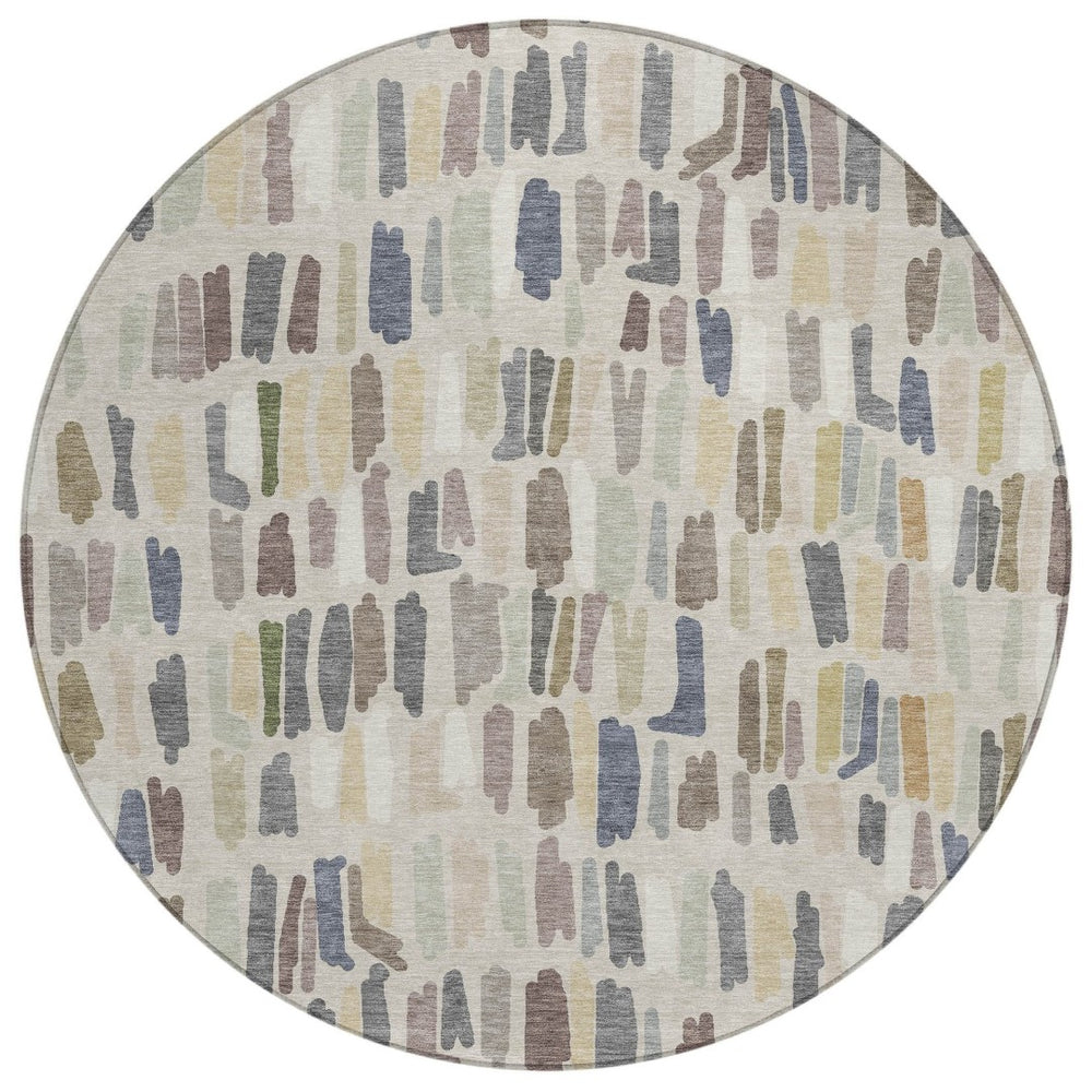 HomeRoots 8' Round Striped Area Rug in Linen Gray and Beige | Washable, Durable, Indoor/Outdoor Design for Style 689657