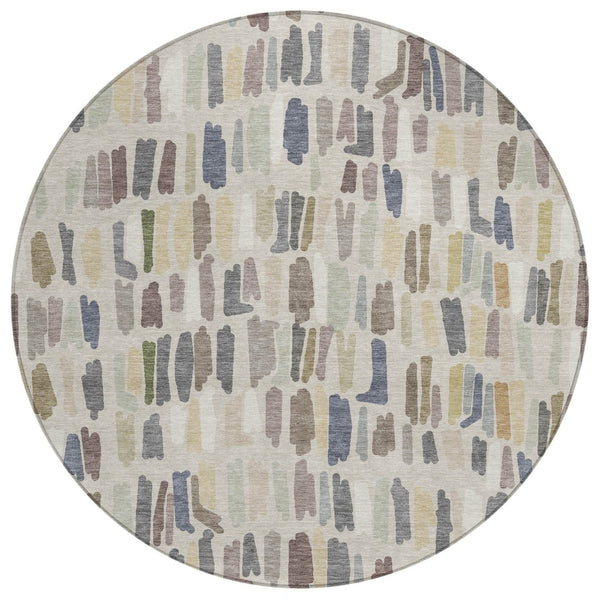 HomeRoots 8' Round Striped Area Rug in Linen Gray and Beige | Washable, Durable, Indoor/Outdoor Design for Style 689657