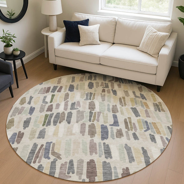 HomeRoots 8' Round Striped Area Rug in Linen Gray and Beige | Washable, Durable, Indoor/Outdoor Design for Style 689657