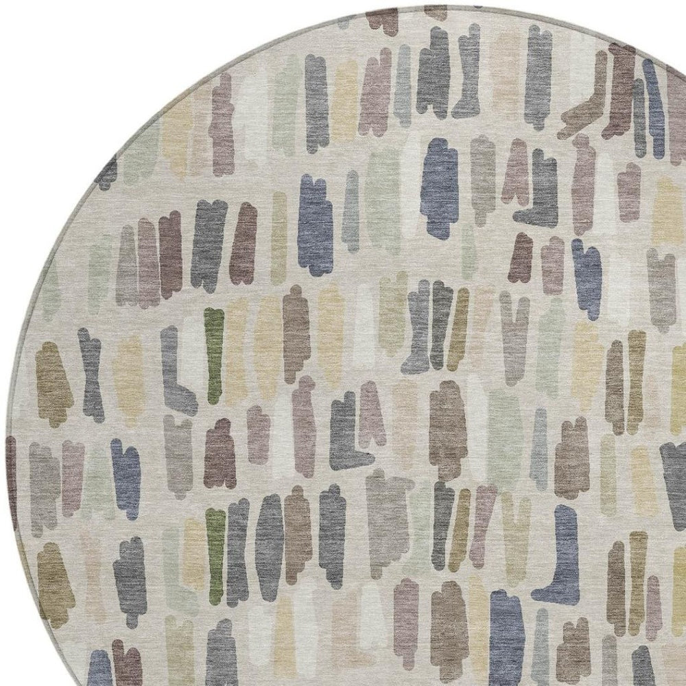 HomeRoots 8' Round Striped Area Rug in Linen Gray and Beige | Washable, Durable, Indoor/Outdoor Design for Style 689657