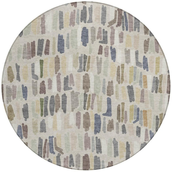 HomeRoots 8' Round Striped Area Rug in Linen Gray and Beige | Washable, Durable, Indoor/Outdoor Design for Style 689657