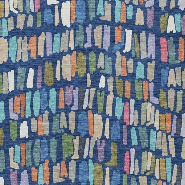HomeRoots 5' Vibrant Navy Blue, Orange & Green Striped Area Rug - Washable, Stylish for Indoor & Outdoor Use 689662