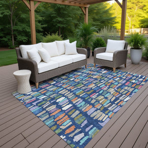HomeRoots 5' Vibrant Navy Blue, Orange & Green Striped Area Rug - Washable, Stylish for Indoor & Outdoor Use 689662