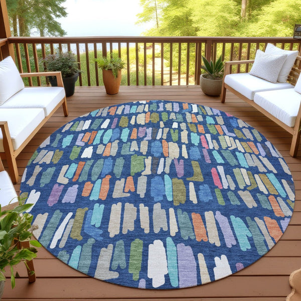 HomeRoots 8' Round Striped Area Rug in Navy Blue, Orange & Green - Washable for Indoor & Outdoor Durability! 689663
