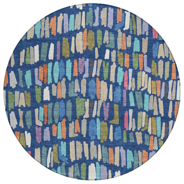 HomeRoots 8' Round Striped Area Rug in Navy Blue, Orange & Green - Washable for Indoor & Outdoor Durability! 689663