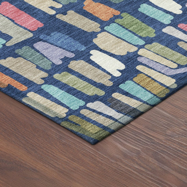 HomeRoots 8' Round Striped Area Rug in Navy Blue, Orange & Green - Washable for Indoor & Outdoor Durability! 689663