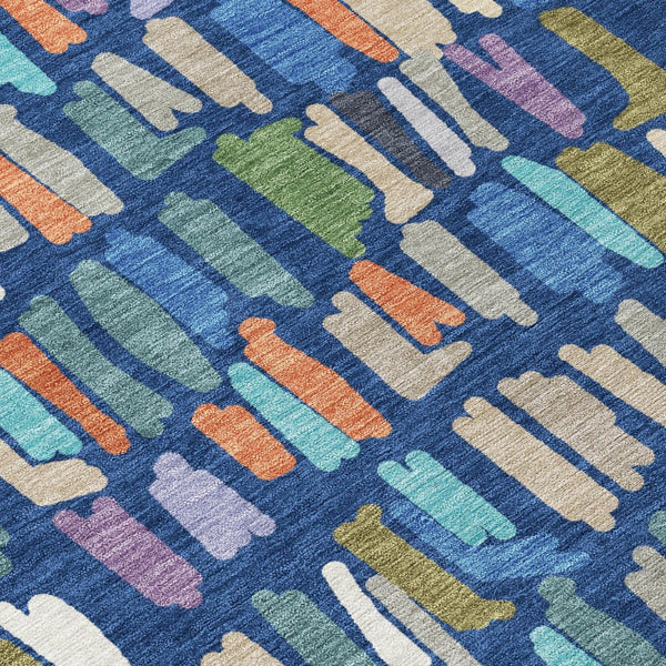 HomeRoots 8' Round Striped Area Rug in Navy Blue, Orange & Green - Washable for Indoor & Outdoor Durability! 689663