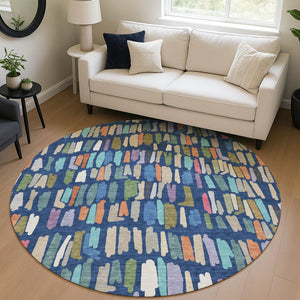 HomeRoots 8' Round Striped Area Rug in Navy Blue, Orange & Green - Washable for Indoor & Outdoor Durability! 689663