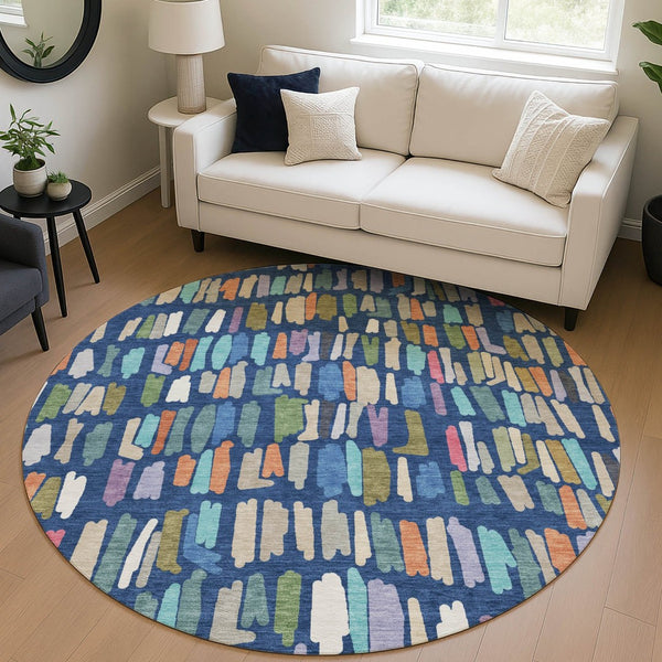 HomeRoots 8' Round Striped Area Rug in Navy Blue, Orange & Green - Washable for Indoor & Outdoor Durability! 689663