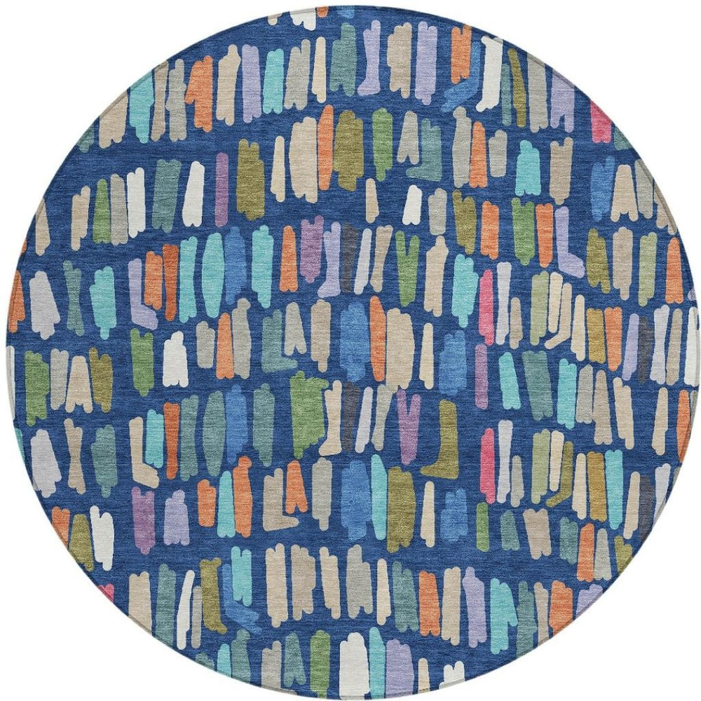 HomeRoots 8' Round Striped Area Rug in Navy Blue, Orange & Green - Washable for Indoor & Outdoor Durability! 689663