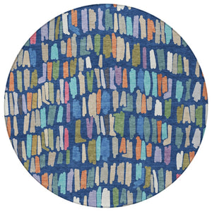 HomeRoots 8' Round Striped Area Rug in Navy Blue, Orange & Green - Washable for Indoor & Outdoor Durability! 689663