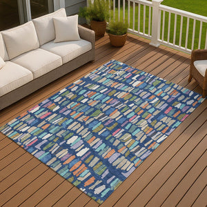 HomeRoots 8' X 10' Striped Indoor Outdoor Area Rug - Navy Blue, Orange & Green, Washable, Durable for High Traffic 689664