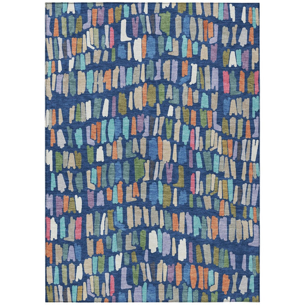 HomeRoots 8' X 10' Striped Indoor Outdoor Area Rug - Navy Blue, Orange & Green, Washable, Durable for High Traffic 689664