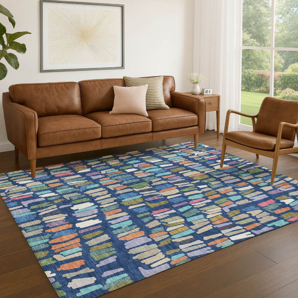 HomeRoots 8' X 10' Striped Indoor Outdoor Area Rug - Navy Blue, Orange & Green, Washable, Durable for High Traffic 689664
