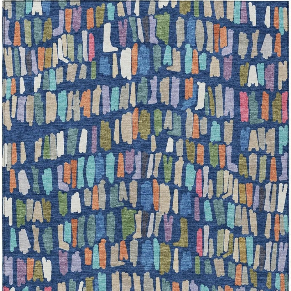 HomeRoots 9' X 12' Navy Blue, Orange & Green Striped Indoor/Outdoor Washable Area Rug for High-Traffic Use 689665