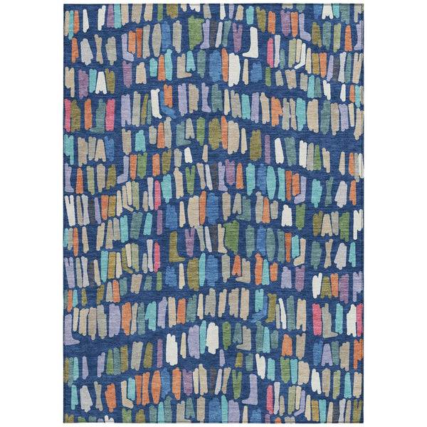 HomeRoots 9' X 12' Navy Blue, Orange & Green Striped Indoor/Outdoor Washable Area Rug for High-Traffic Use 689665