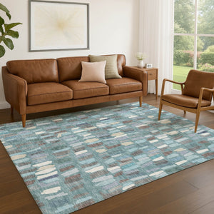 HomeRoots 5' X 8' Striped Teal Blue, Taupe & Beige Area Rug - Washable, Durable, Indoor/Outdoor Versatility! 689668