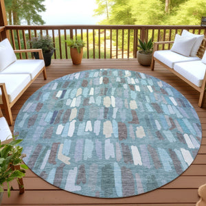 HomeRoots 8' Teal Blue Round Striped Area Rug - Durable, Washable for Indoor & Outdoor High-Traffic Spaces 689669
