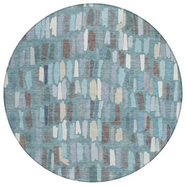 HomeRoots 8' Teal Blue Round Striped Area Rug - Durable, Washable for Indoor & Outdoor High-Traffic Spaces 689669
