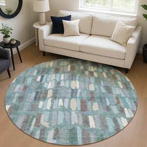 HomeRoots 8' Teal Blue Round Striped Area Rug - Durable, Washable for Indoor & Outdoor High-Traffic Spaces 689669