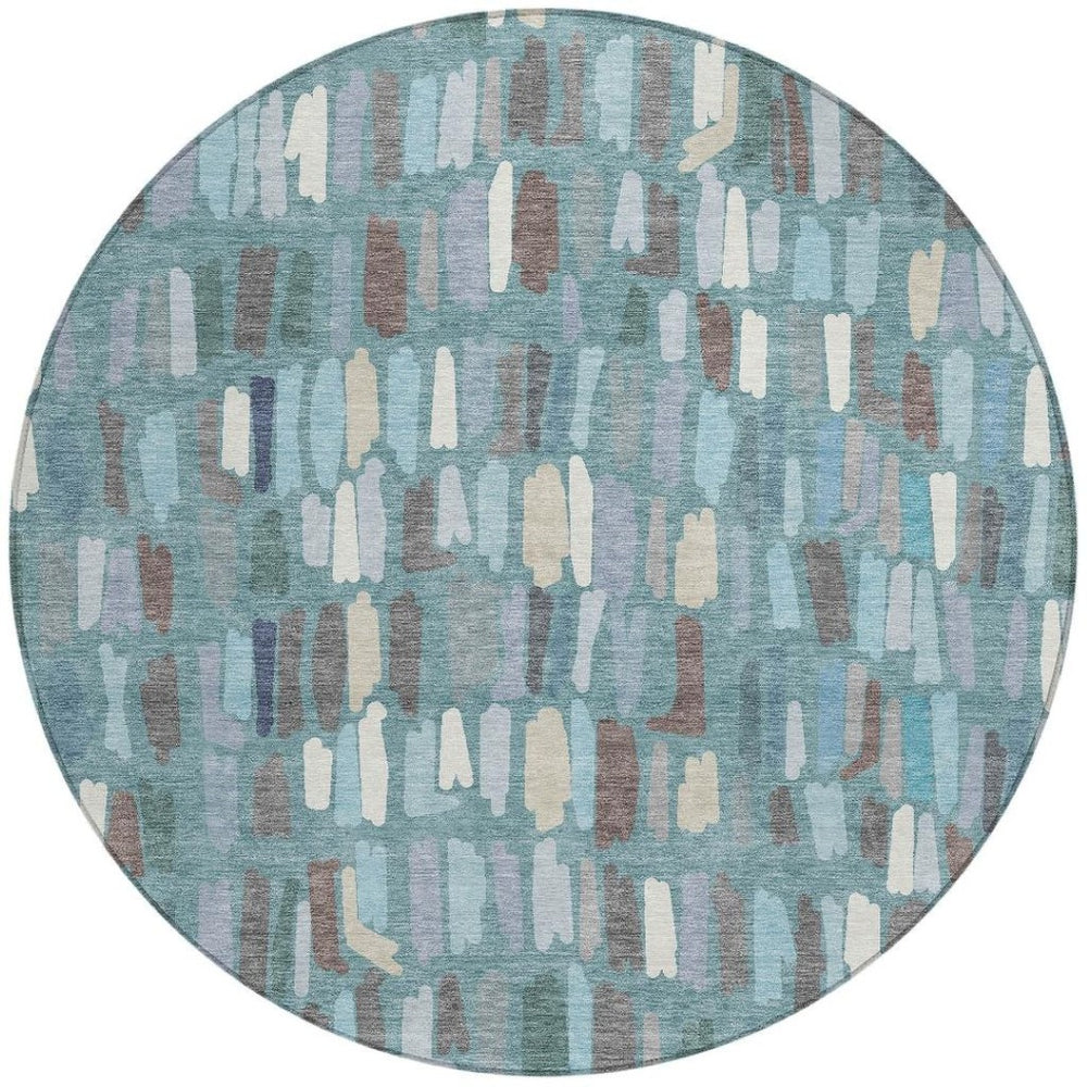 HomeRoots 8' Teal Blue Round Striped Area Rug - Durable, Washable for Indoor & Outdoor High-Traffic Spaces 689669