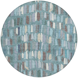 HomeRoots 8' Teal Blue Round Striped Area Rug - Durable, Washable for Indoor & Outdoor High-Traffic Spaces 689669
