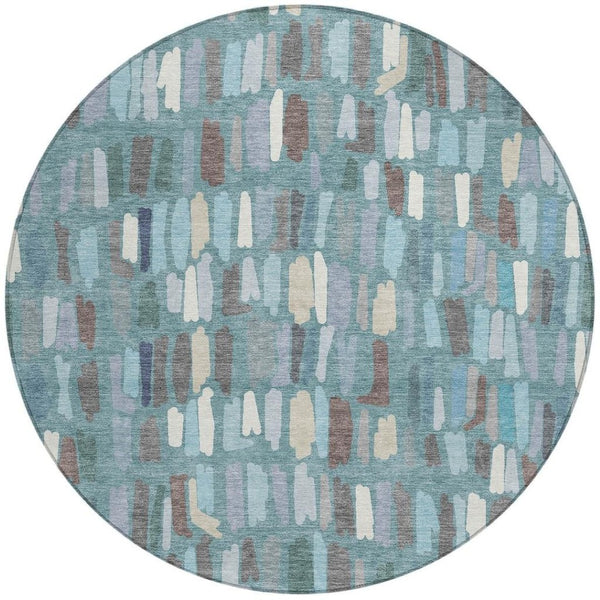 HomeRoots 8' Teal Blue Round Striped Area Rug - Durable, Washable for Indoor & Outdoor High-Traffic Spaces 689669