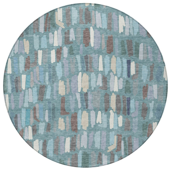 HomeRoots 8' Teal Blue Round Striped Area Rug - Durable, Washable for Indoor & Outdoor High-Traffic Spaces 689669