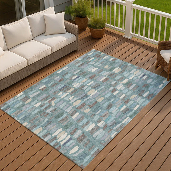HomeRoots 8' X 10' Stylish Teal Blue, Taupe & Beige Striped Washable Area Rug for Indoor & Outdoor Spaces 689670