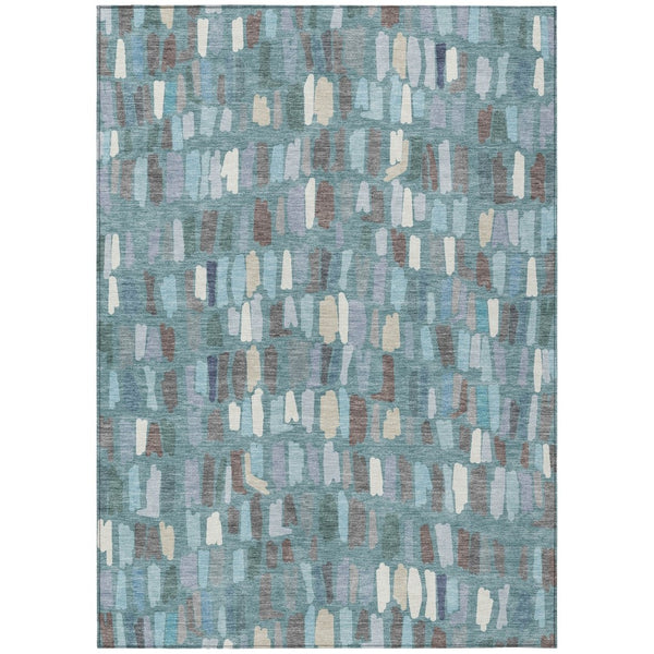 HomeRoots 8' X 10' Stylish Teal Blue, Taupe & Beige Striped Washable Area Rug for Indoor & Outdoor Spaces 689670