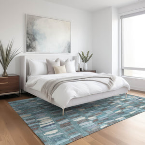 HomeRoots 9' Striped Teal Blue Taupe Beige Area Rug - Washable Indoor Outdoor Design, Stain-Resistant & Durable 689671
