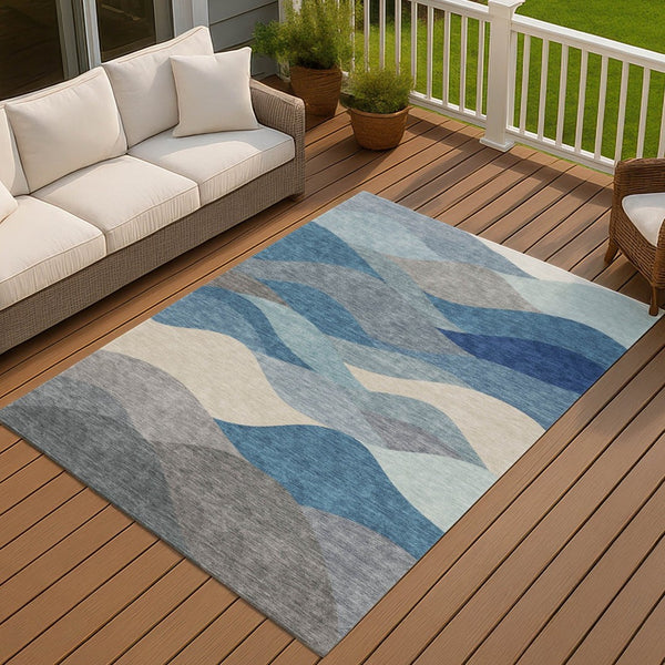 HomeRoots 5' Blue Beige Gray Abstract Washable Indoor Outdoor Area Rug - Durable, Stylish & Easy to Clean 689674