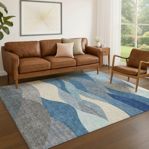 HomeRoots 5' Blue Beige Gray Abstract Washable Indoor Outdoor Area Rug - Durable, Stylish & Easy to Clean 689674