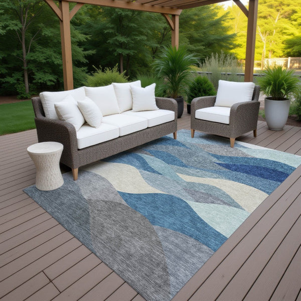 HomeRoots 5' Blue Beige Gray Abstract Washable Indoor Outdoor Area Rug - Durable, Stylish & Easy to Clean 689674