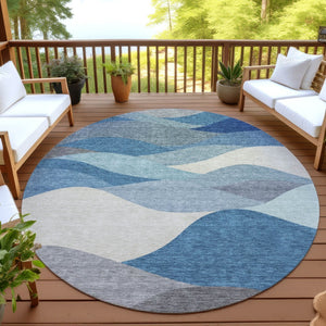 HomeRoots 8' Round Abstract Area Rug in Blue, Beige & Gray - Modern, Washable, Indoor/Outdoor Versatility! 689675