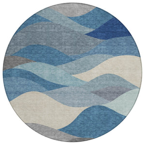 HomeRoots 8' Round Abstract Area Rug in Blue, Beige & Gray - Modern, Washable, Indoor/Outdoor Versatility! 689675