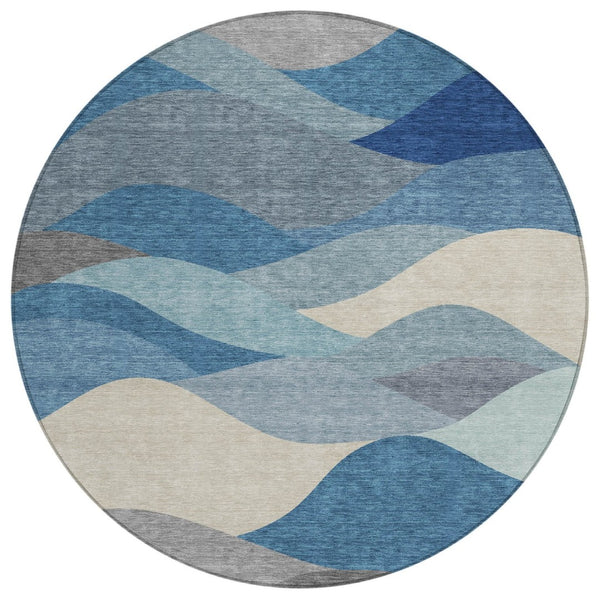 HomeRoots 8' Round Abstract Area Rug in Blue, Beige & Gray - Modern, Washable, Indoor/Outdoor Versatility! 689675