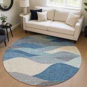HomeRoots 8' Round Abstract Area Rug in Blue, Beige & Gray - Modern, Washable, Indoor/Outdoor Versatility! 689675