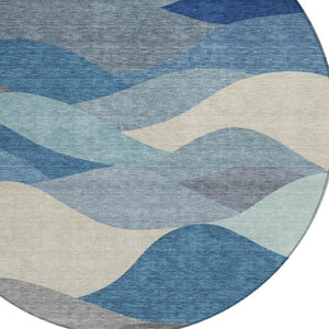 HomeRoots 8' Round Abstract Area Rug in Blue, Beige & Gray - Modern, Washable, Indoor/Outdoor Versatility! 689675