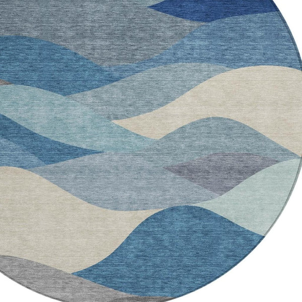 HomeRoots 8' Round Abstract Area Rug in Blue, Beige & Gray - Modern, Washable, Indoor/Outdoor Versatility! 689675