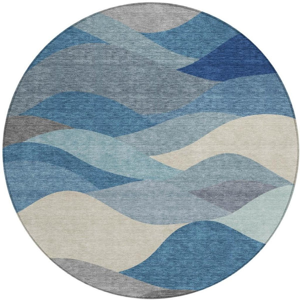 HomeRoots 8' Round Abstract Area Rug in Blue, Beige & Gray - Modern, Washable, Indoor/Outdoor Versatility! 689675