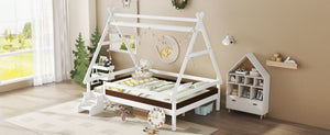 English Elm Twin House Shaped Platform Bed Solid Pine Frame with Built in Stairs for Kids Light White W1580P354720