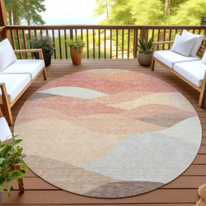 HomeRoots 8' Coral and Gray Round Abstract Area Rug - Durable, Washable Design for Indoor & Outdoor Use 689681