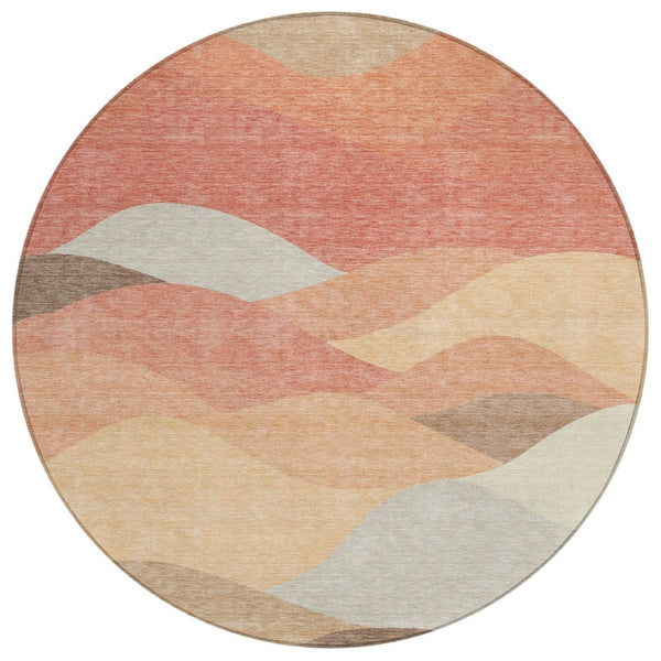 HomeRoots 8' Coral and Gray Round Abstract Area Rug - Durable, Washable Design for Indoor & Outdoor Use 689681