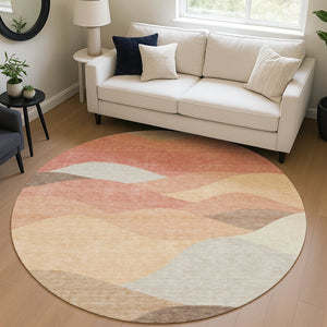 HomeRoots 8' Coral and Gray Round Abstract Area Rug - Durable, Washable Design for Indoor & Outdoor Use 689681