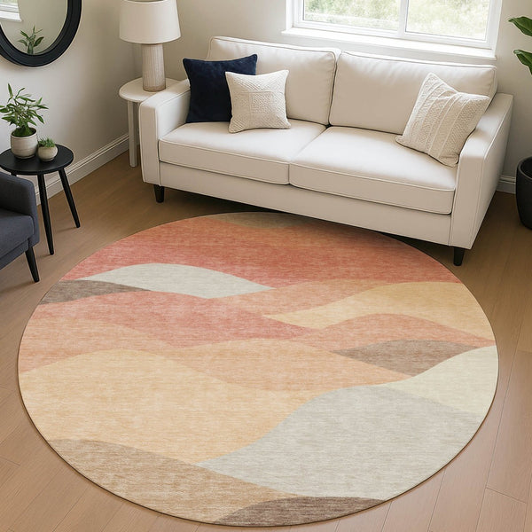 HomeRoots 8' Coral and Gray Round Abstract Area Rug - Durable, Washable Design for Indoor & Outdoor Use 689681