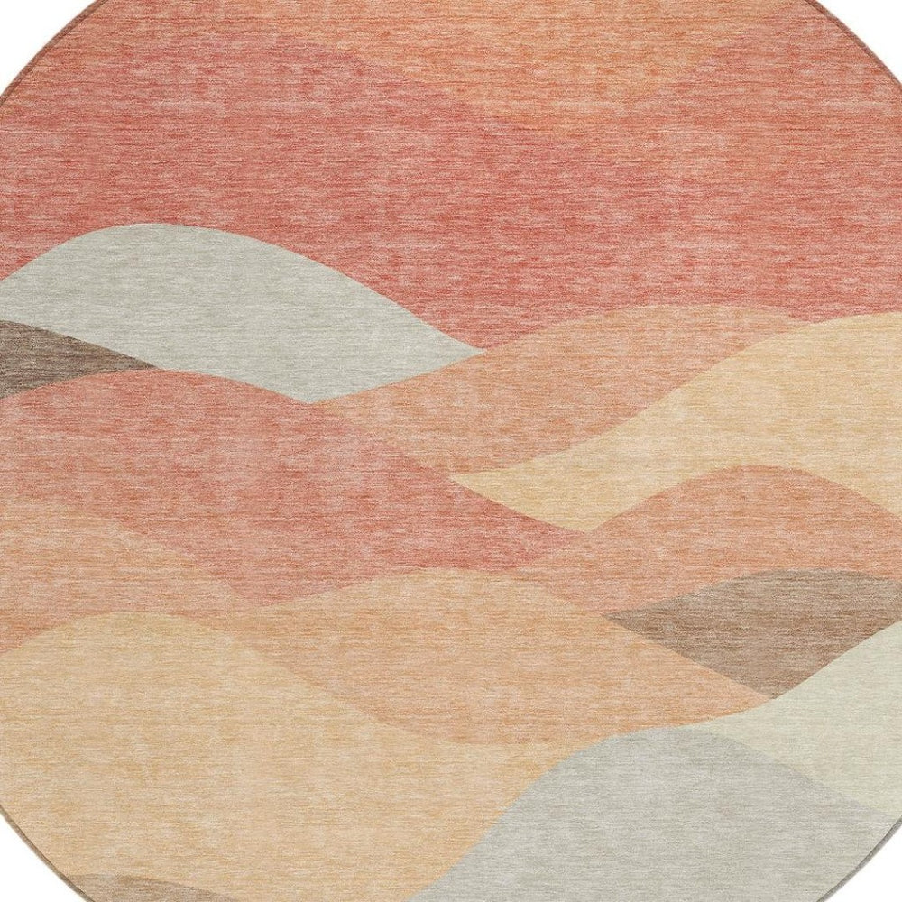 HomeRoots 8' Coral and Gray Round Abstract Area Rug - Durable, Washable Design for Indoor & Outdoor Use 689681