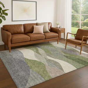 HomeRoots 5' Modern Green and Gray Abstract Washable Area Rug - Indoor/Outdoor Stain-Resistant, Easy Care 689686