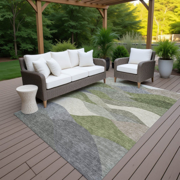 HomeRoots 5' Modern Green and Gray Abstract Washable Area Rug - Indoor/Outdoor Stain-Resistant, Easy Care 689686