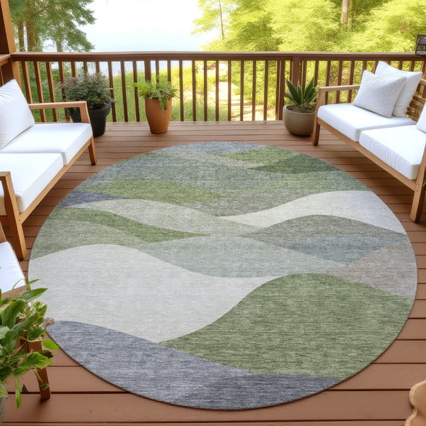 HomeRoots 8' Round Abstract Area Rug - Stylish Green and Gray Washable Design for Indoor & Outdoor Use 689687